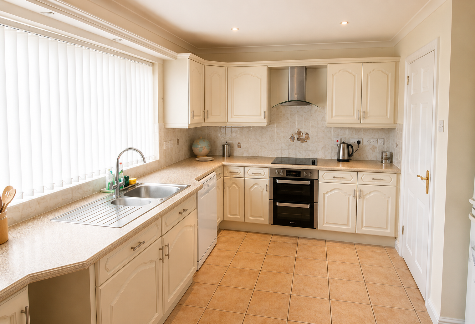 Oak kitchen units professionally hand painted in a light cream finish