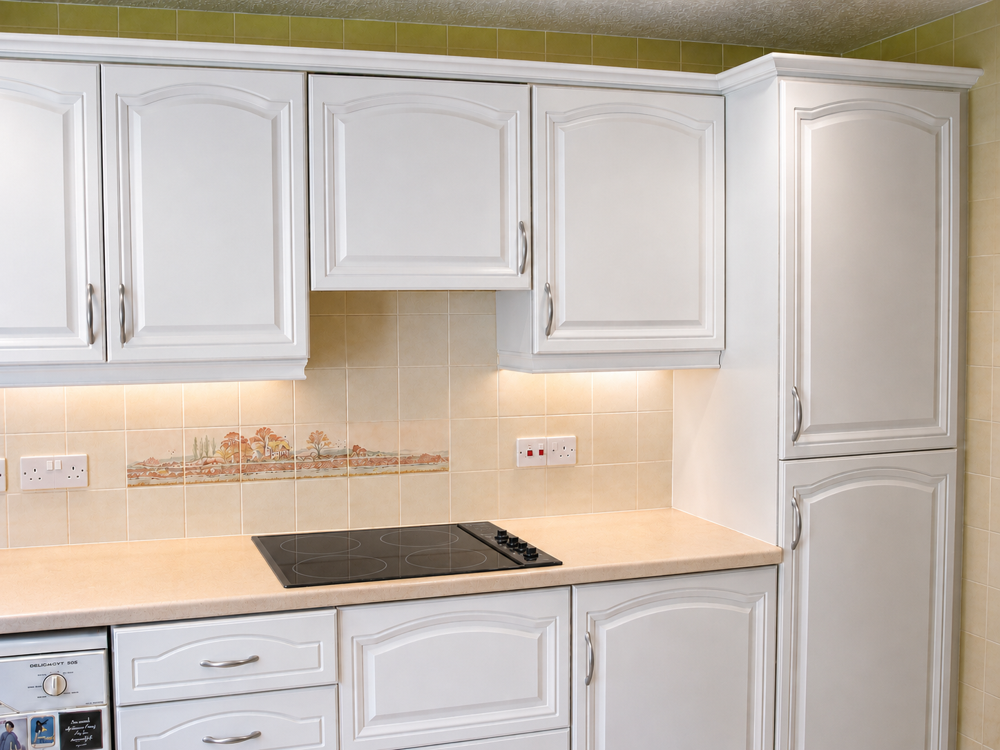 Oak kitchen after hand painting in Bangor — pale blue finish on cabinet doors